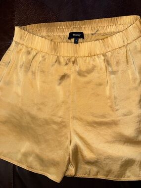 Theory Satin Elastic-Waist Shorts in Gold
